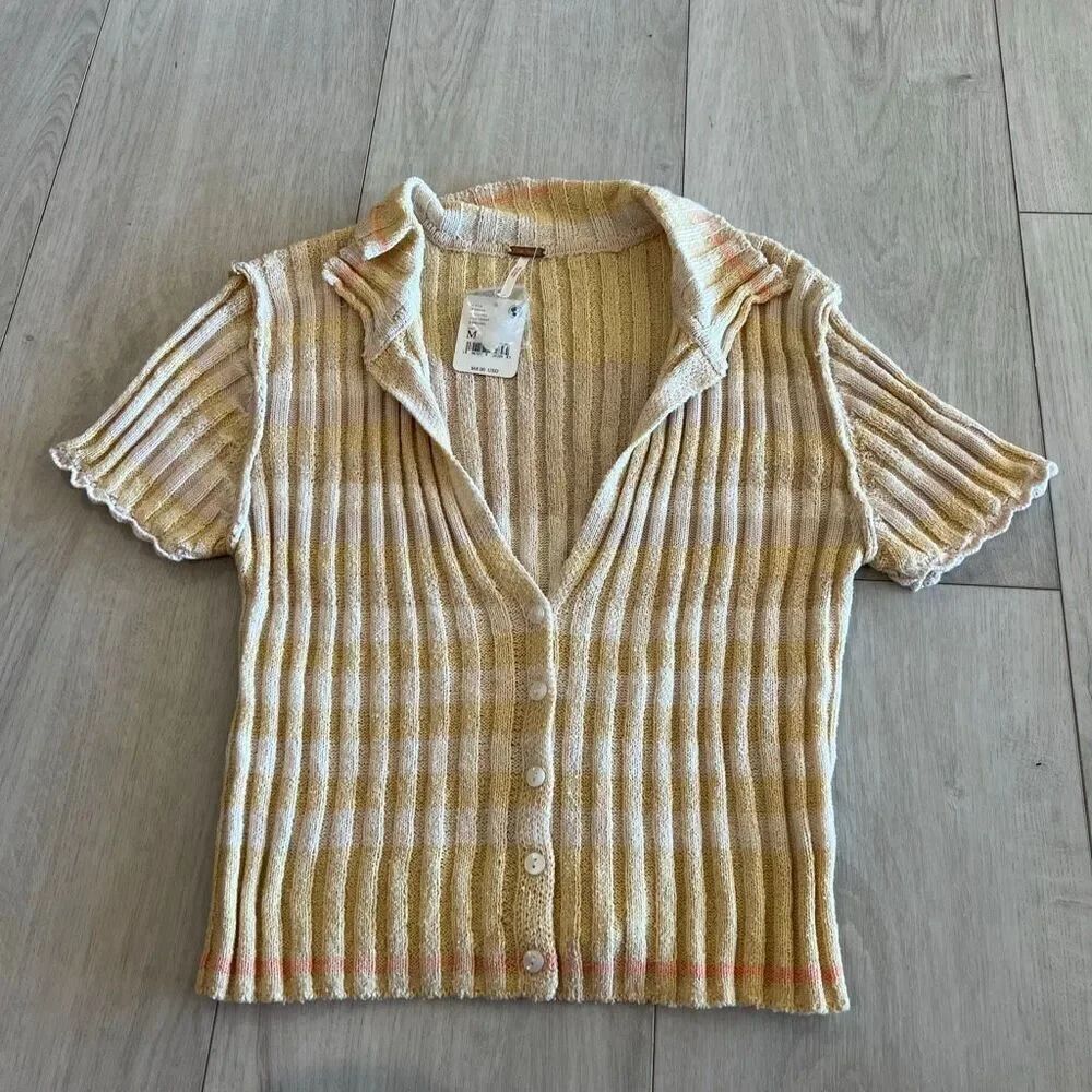 Free People Flirt Cardigan Short Sleeve V Neck Ribbed Shirt Top Yellow Stripe si